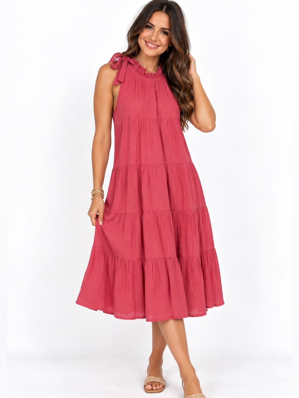 D158 Entro Size Small Pink Sleeveless Gauzy Tiered Dress Tie Neck